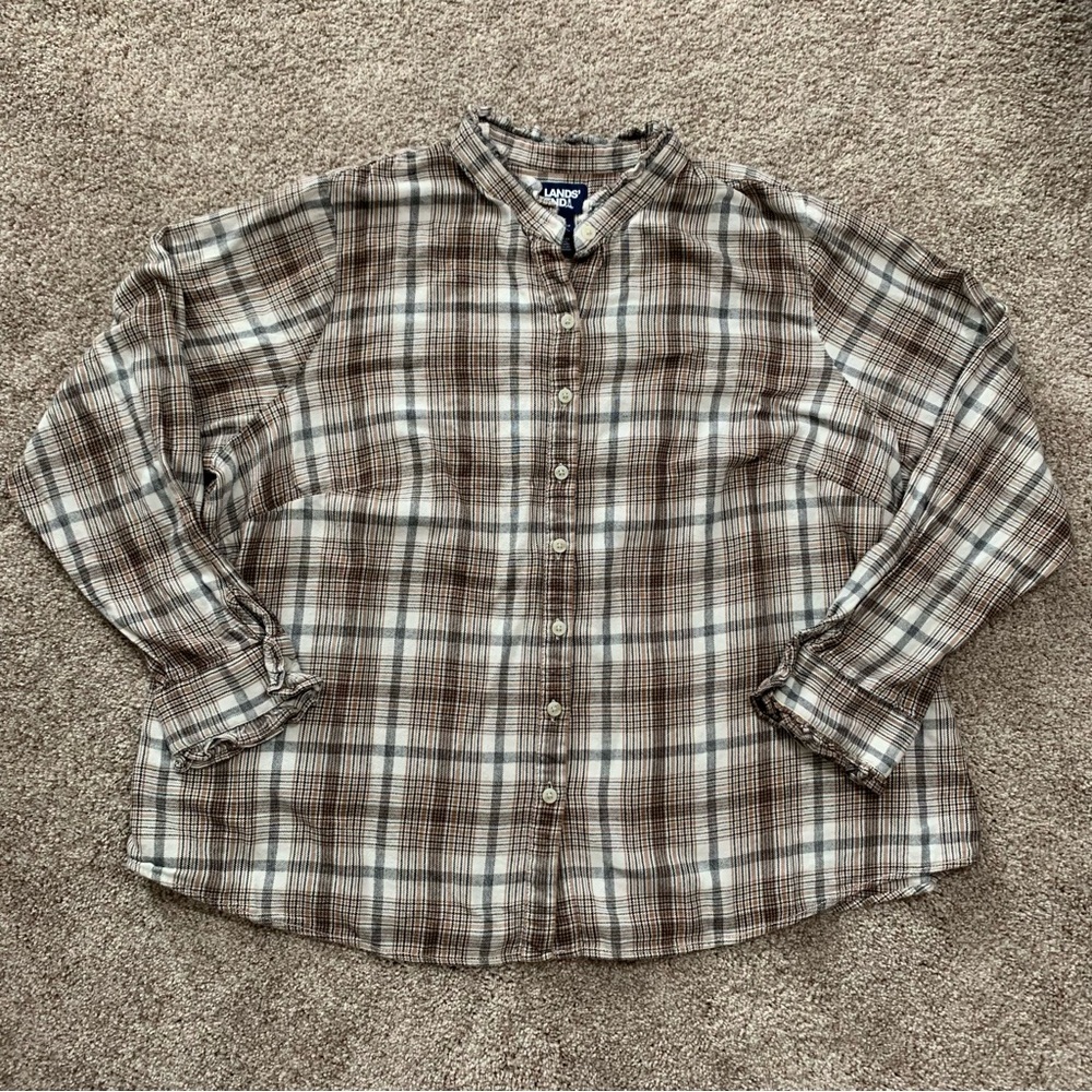 Lands' End Women's Brown Beige Plaid Flannel Ruffle Neck Long Button Shirt 2X